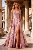 Jacquard Corset Pink A Line Jewel Neck Long Prom Dress With Slit
