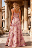Jacquard Corset Pink A Line Jewel Neck Long Prom Dress With Slit