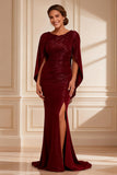 Burgundy Mermaid Ruched Long Mother of the Bride Dress With Slit