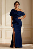Navy Sheath Long Mother of the Bride Dress With Slit