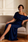 Navy Sheath Long Mother of the Bride Dress With Slit