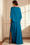 Peacock Blue Applique Ruched Cape Long Mother of the Bride Dress With Slit