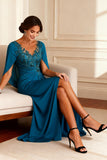 Peacock Blue Applique Ruched Cape Long Mother of the Bride Dress With Slit
