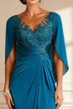 Peacock Blue Applique Ruched Cape Long Mother of the Bride Dress With Slit