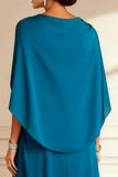 Peacock Blue Applique Ruched Cape Long Mother of the Bride Dress With Slit