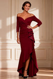 Off the Shoulder Burgundy Mermaid Ruffle High-Low Mother of the Bride Dress With Slit