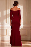 Off the Shoulder Burgundy Mermaid Ruffle High-Low Mother of the Bride Dress With Slit