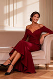 Off the Shoulder Burgundy Mermaid Ruffle High-Low Mother of the Bride Dress With Slit
