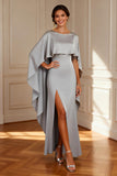 Grey Sheath Cape Long Mother of the Bride Dress With Slit