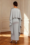 Grey Sheath Cape Long Mother of the Bride Dress With Slit