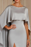 Grey Sheath Cape Long Mother of the Bride Dress With Slit