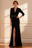 Black Mermaid V-Neck Long Mother of the Bride Dress With Slit