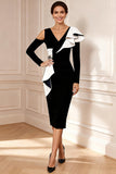 Black and White Sheath Ruffle V-Neck Midi Mother of the Bride Dress