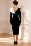 Black and White Sheath Ruffle V-Neck Midi Mother of the Bride Dress