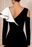 Black and White Sheath Ruffle V-Neck Midi Mother of the Bride Dress