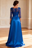 Royal Blue A Line Lace V-Neck Long Mother of the Bride Dress With Belt