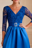 Royal Blue A Line Lace V-Neck Long Mother of the Bride Dress With Belt