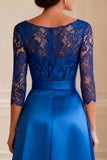 Royal Blue A Line Lace V-Neck Long Mother of the Bride Dress With Belt
