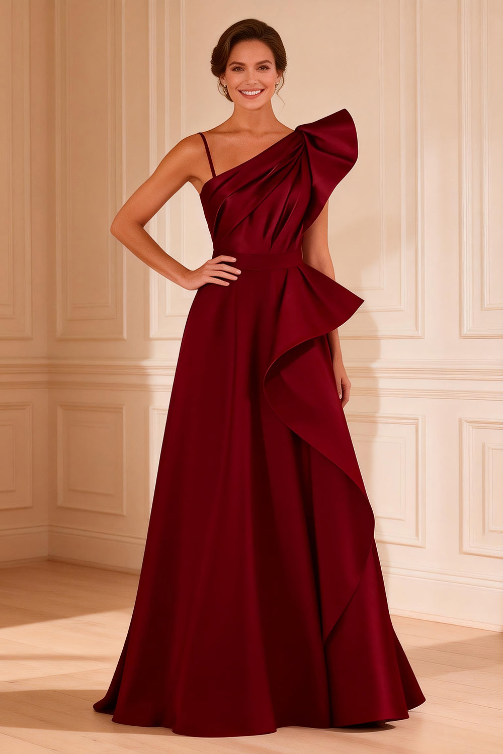 WEDTREND Women Burgundy Long Evening Dress One Shoulder Ruffle A Line