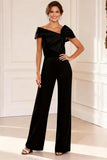Black Asymmetrical Neck Mother of the Bride Jumpsuit With Bow