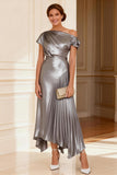 One Shoulder Silver Pleated A Line Mother of the Bride Dress