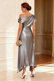 One Shoulder Silver Pleated A Line Mother of the Bride Dress