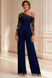 Navy One Shoulder Long Sleeve Mother of the Bride Jumpsuit With Appliques