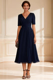 Navy V-Neck A Line Midi Mother of the Bride Dress With Sleeves