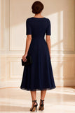 Navy V-Neck A Line Midi Mother of the Bride Dress With Sleeves