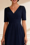 Navy V-Neck A Line Midi Mother of the Bride Dress With Sleeves