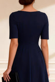 Navy V-Neck A Line Midi Mother of the Bride Dress With Sleeves