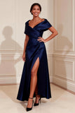 Navy Off the Shoulder A Line Satin Long Mother of the Bride Dress With Slit