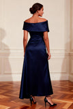 Navy Off the Shoulder A Line Satin Long Mother of the Bride Dress With Slit