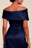 Navy Off the Shoulder A Line Satin Long Mother of the Bride Dress With Slit