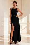 Black Beaded Lace A Line Long Mother of the Bride Dress With Slit