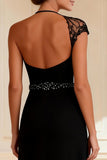 Black Beaded Lace A Line Long Mother of the Bride Dress With Slit