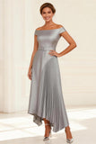 Off the Shoulder Silver A Line Pleated Mother of the Bride Dress