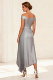 Off the Shoulder Silver A Line Pleated Mother of the Bride Dress
