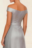 Off the Shoulder Silver A Line Pleated Mother of the Bride Dress