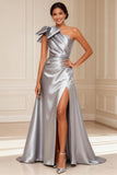 Silver A Line Ruched One Shoulder Long Mother of the Bride Dress With Slit