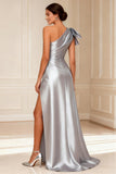 Silver A Line Ruched One Shoulder Long Mother of the Bride Dress With Slit