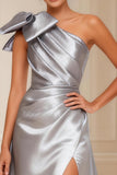 Silver A Line Ruched One Shoulder Long Mother of the Bride Dress With Slit