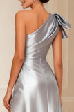 Silver A Line Ruched One Shoulder Long Mother of the Bride Dress With Slit