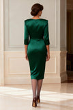 Dark Green Ruched V-Neck Bodycon Midi Mother of the Bride Dress With Sleeves