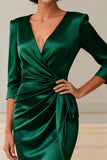 Dark Green Ruched V-Neck Bodycon Midi Mother of the Bride Dress With Sleeves