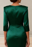 Dark Green Ruched V-Neck Bodycon Midi Mother of the Bride Dress With Sleeves