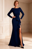 Navy Bateau Neck Mermaid Long Mother of the Bride Dress With Slit