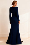 Navy Bateau Neck Mermaid Long Mother of the Bride Dress With Slit