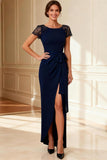 Sheath Navy Lace Short Sleeves Mother of the Bride Dress With Slit