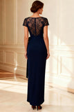 Sheath Navy Lace Short Sleeves Mother of the Bride Dress With Slit